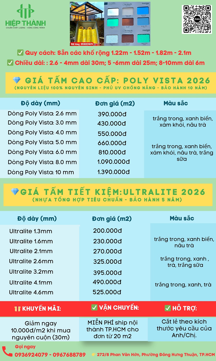 Bảng giá Tấm Polycarbonate đặc giá rẻ mới nhất 2026