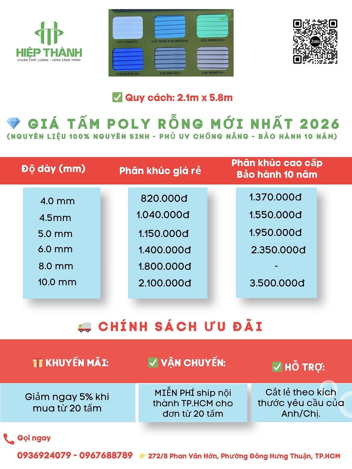 Bảng báo giá tấm Polycarbonate rỗng ruột mới nhất tháng 4 2026. Mua ngay chiết khấu 5% zalo 0936924079