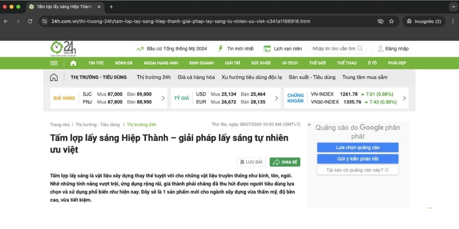 Báo 24h.com Tấm lợp lấy sáng Hiệp Thành 