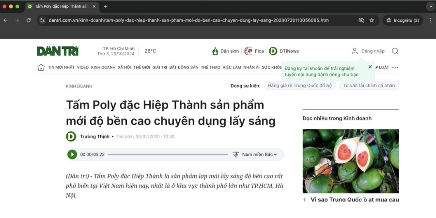 Báo DânTrí.com Tấm Poly đặc Hiệp Thành