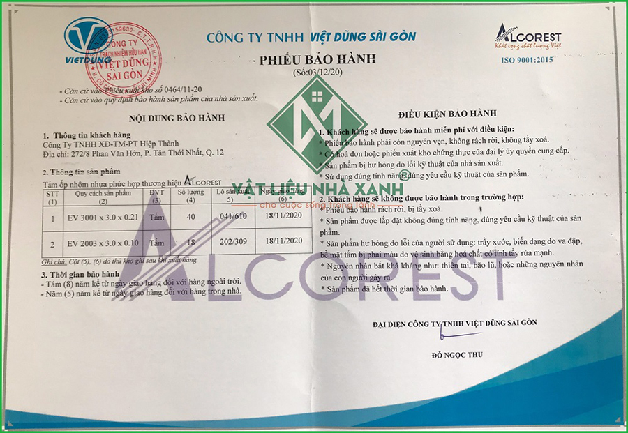 chứng nhận chất lượng sản phẩm tấm alu alcorest