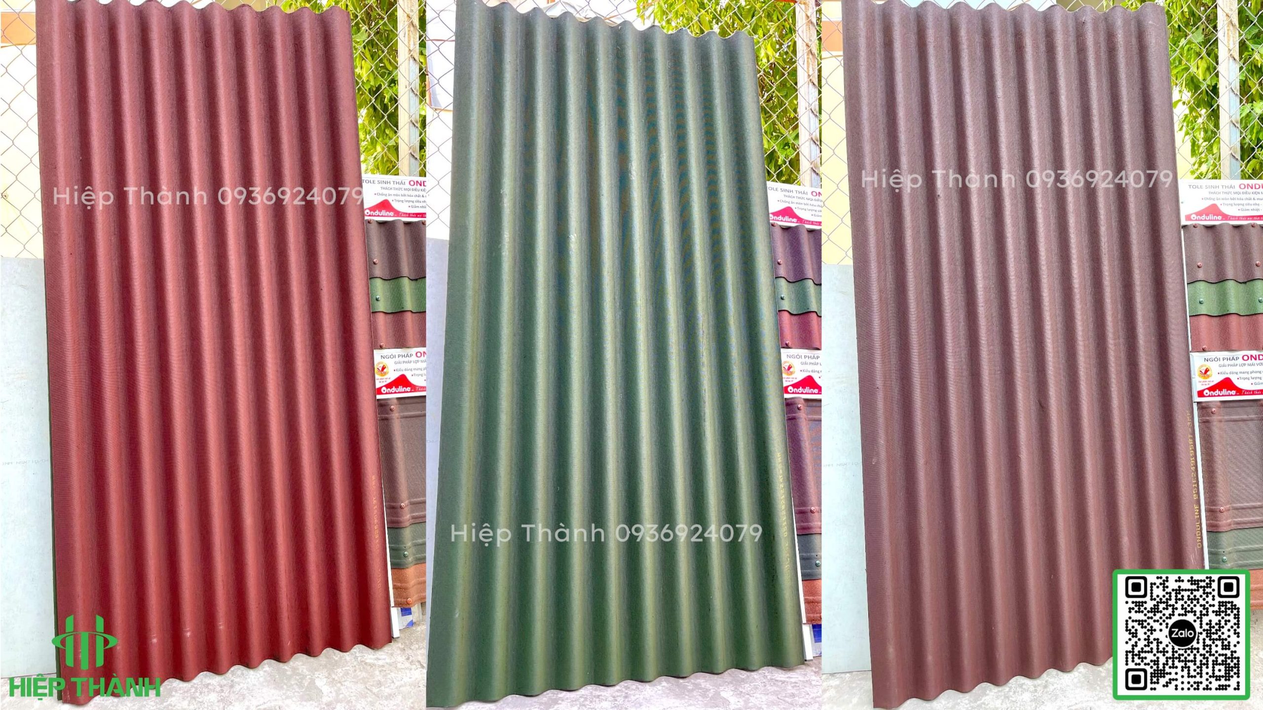 Tấm lợp sinh thái onduline nhập khẩu, với 3 màu xanh rêu, đỏ đô và nâu đất