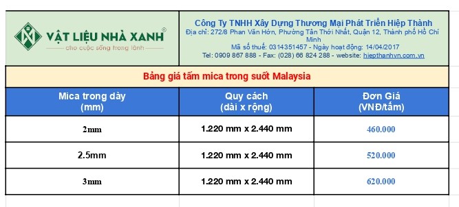 Báo giá mica trong suốt Malaysia