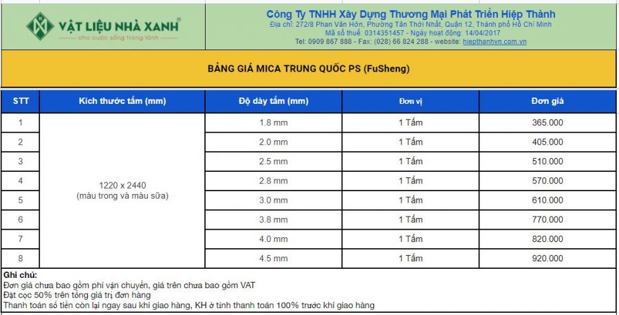 báo giá tấm mica lấy sáng trung quốc FS