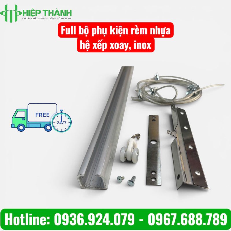 Full bộ phụ kiện hệ xếp xoay rèm nhựa PVC. Chất liệu inox bền vỉ, chống rỉ sét