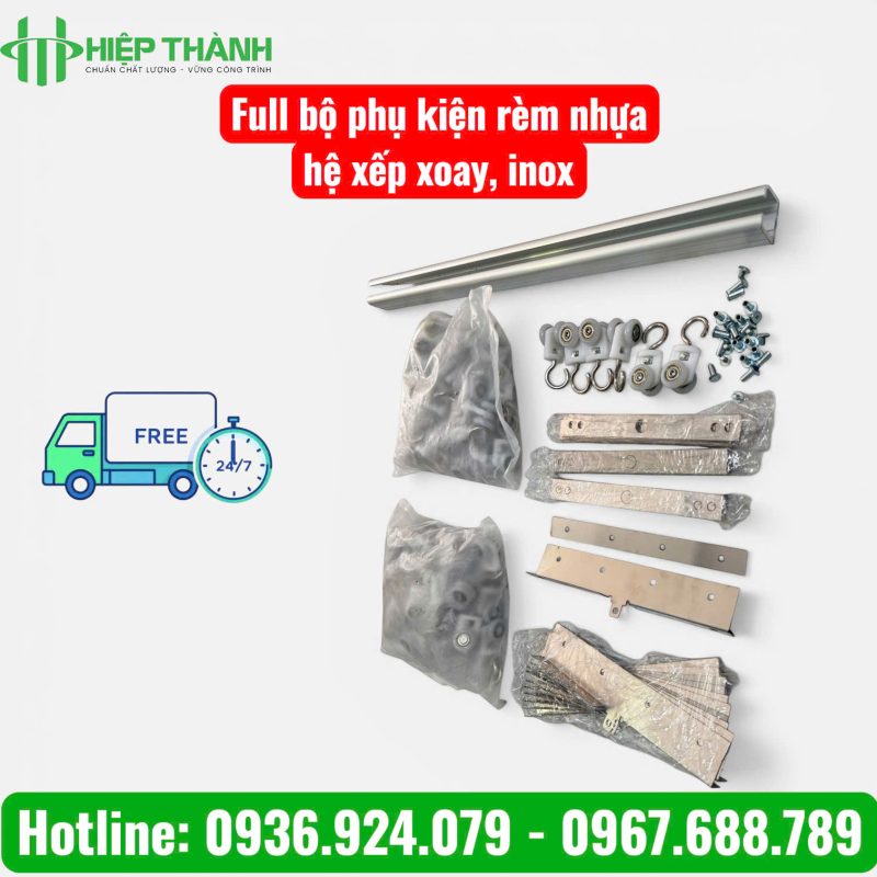 Full bộ phụ kiện hệ xếp xoay rèm nhựa PVC. Chất liệu inox bền vỉ, chống rỉ sét