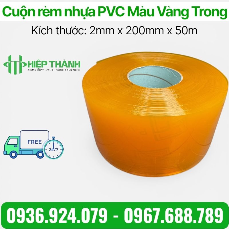 Cuộn rèm nhựa PVC vàng trong trơn mịn, quy cách 2mm x 200mm x 50m