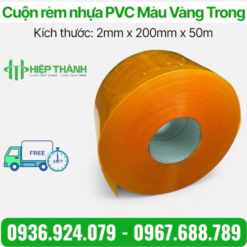 Cuộn rèm nhựa PVC vàng trong trơn mịn, quy cách 2mm x 200mm x 50m