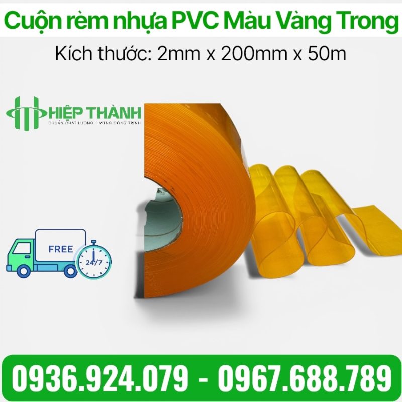 Cuộn rèm nhựa PVC vàng trong trơn mịn, quy cách 2mm x 200mm x 50m