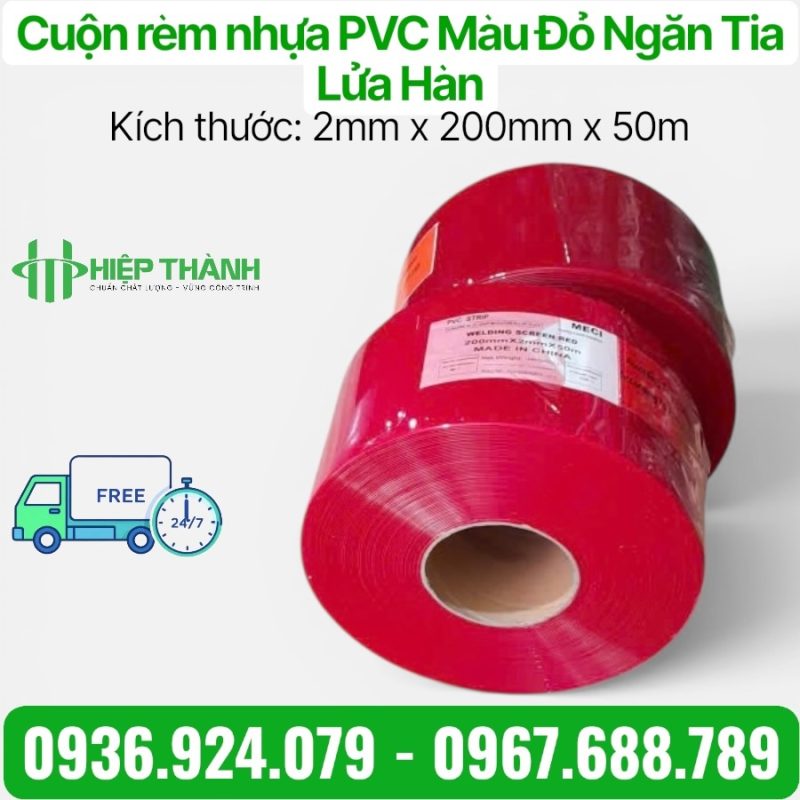 Cuộn rèm nhựa PVC màu đỏ ngăn tia lửa hàn, quy cách: 2mm x 200mm x 50m