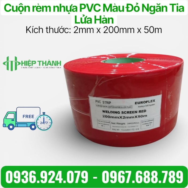 Rèm nhựa PVC màu đỏ ngăn tia lửa hàn, quy cách: 2mm x 200mm x 50m tại kho