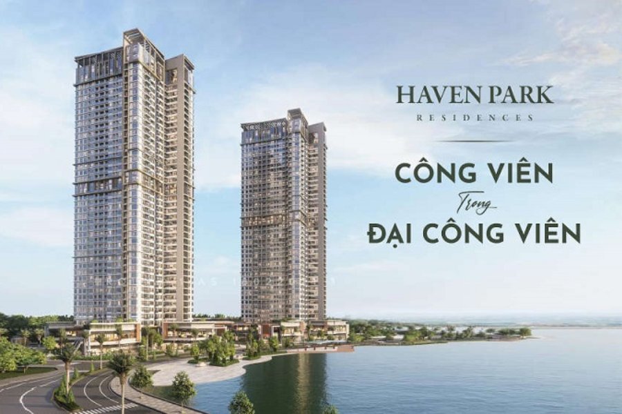 Tòa nhà Haven Park Residences tại Ecopark, bao quanh bởi công viên.
