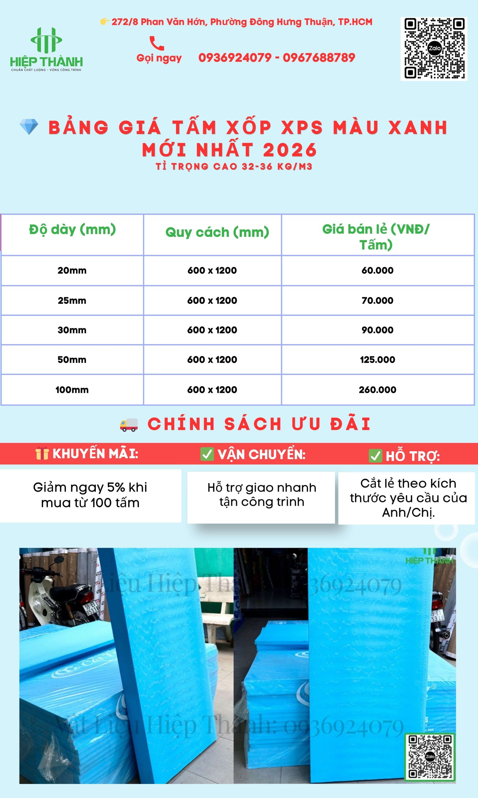 Bảng giá tấm xốp XPS màu xanh cách âm cách nhiệt tỉ trọng cao 2026